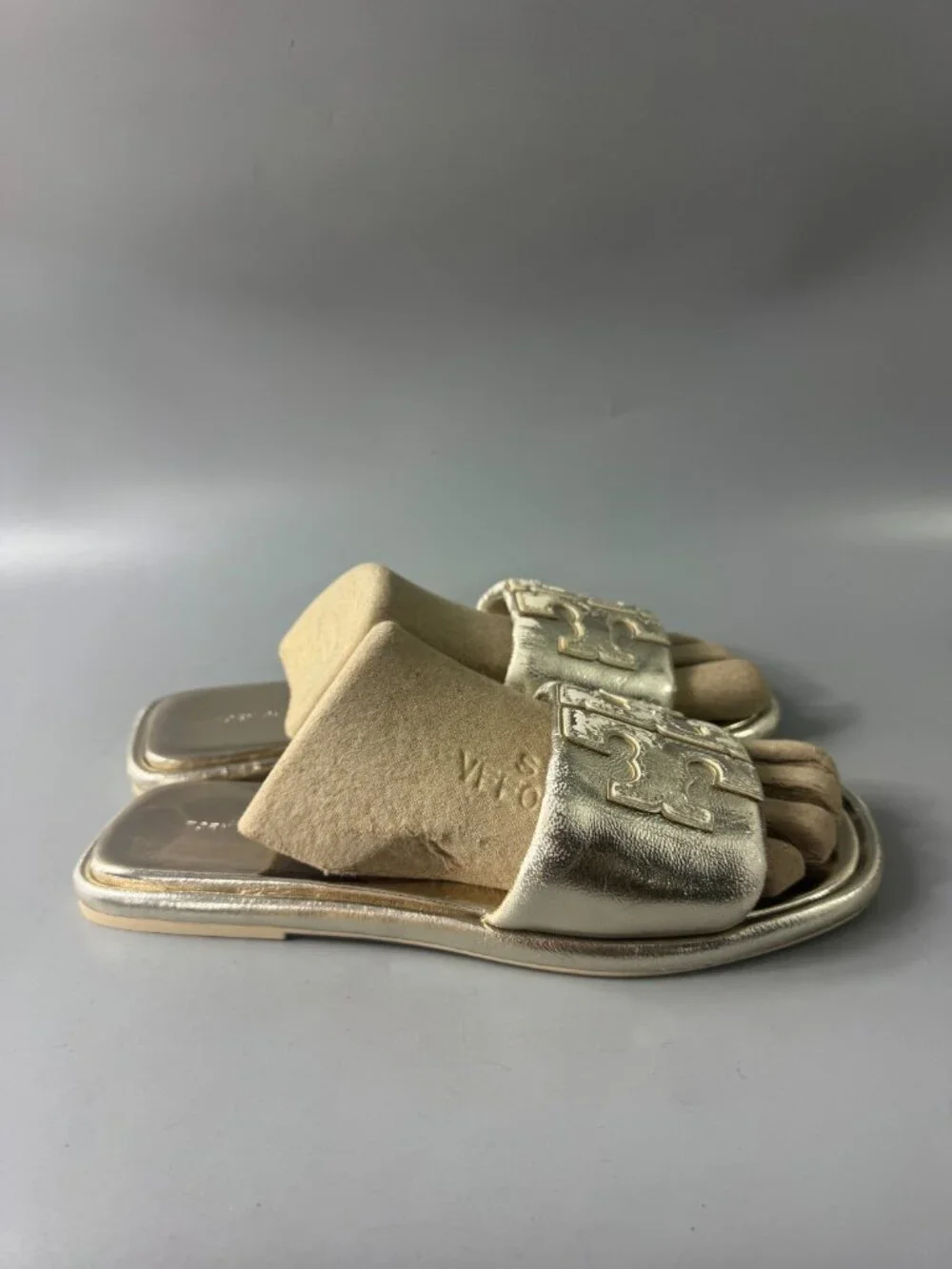 TORY BURCH Double T Sport Metallic Slide Sandals In Spark Gold- Size US 8
